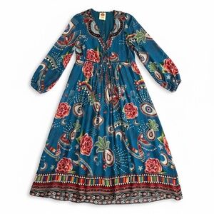 Farm Rio Midi Dress Womens XS Mystic Blue Psychedelic Festival Bohemian Vibrant